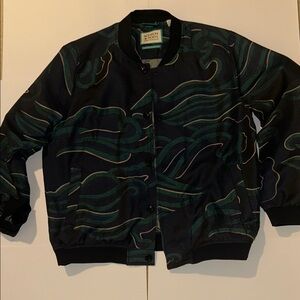 Scotch & Soda Blue Teal Wave Pattern Varsity Bomber Jacket XXL